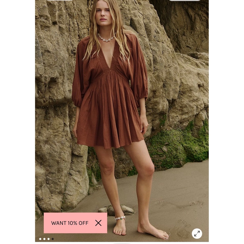Free People 100 Degree Mini Dress Mocha Brown Smocked V-Neck Gauze Boho Large - Picture 6 of 11